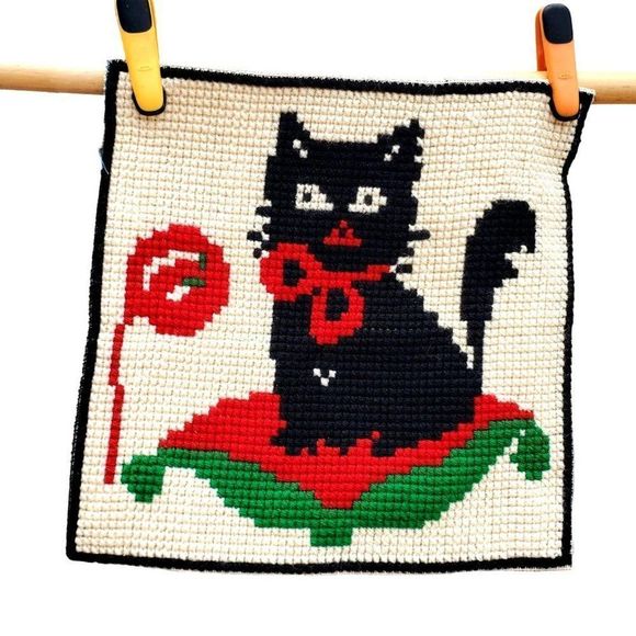 Needlepoint Black Cat Pillow Canvas Completed Square Gobelin L 01.44